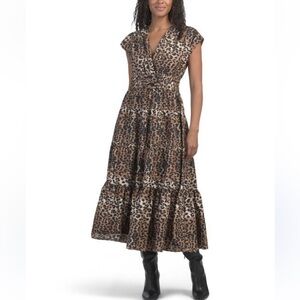 NWT Nicole Miller New York Leopard Print Tiered Midi Smocked Dress - Size L